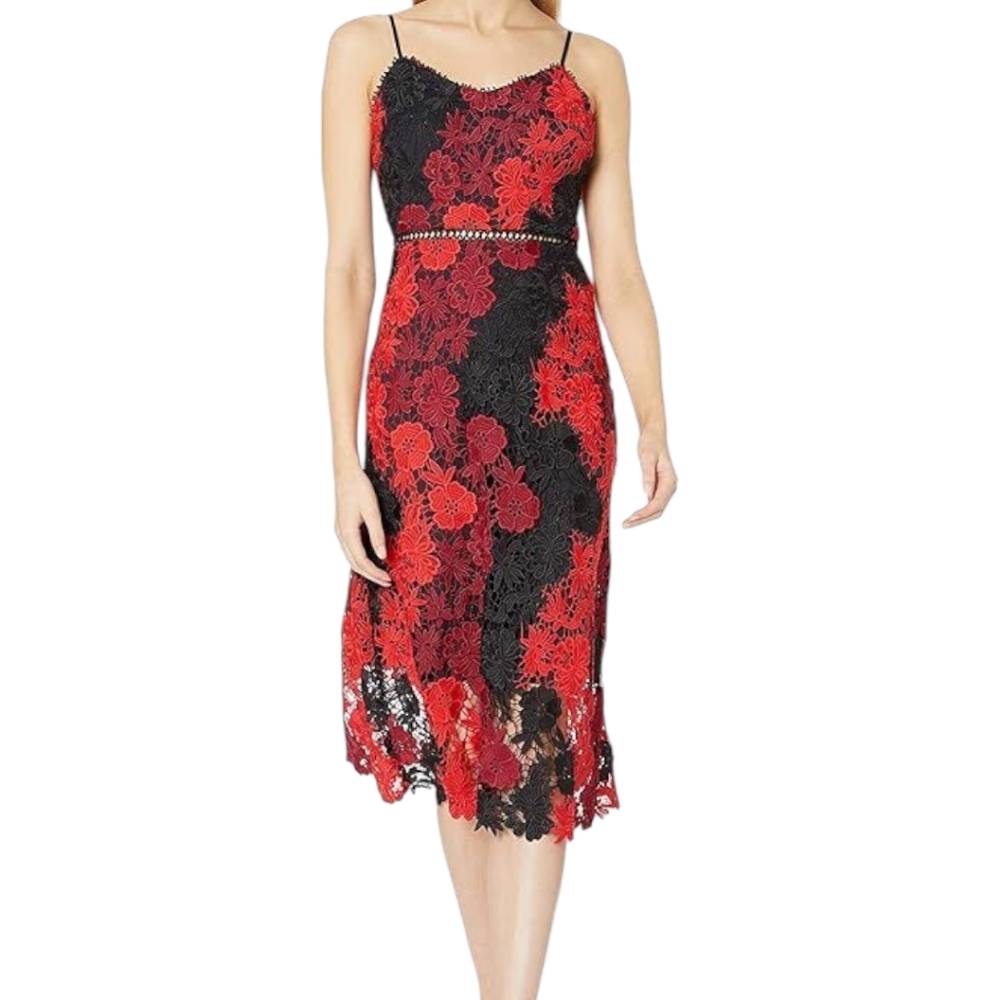 Bebe Floral Crochet Lace Red Black Fit And Flare Dress Size 8